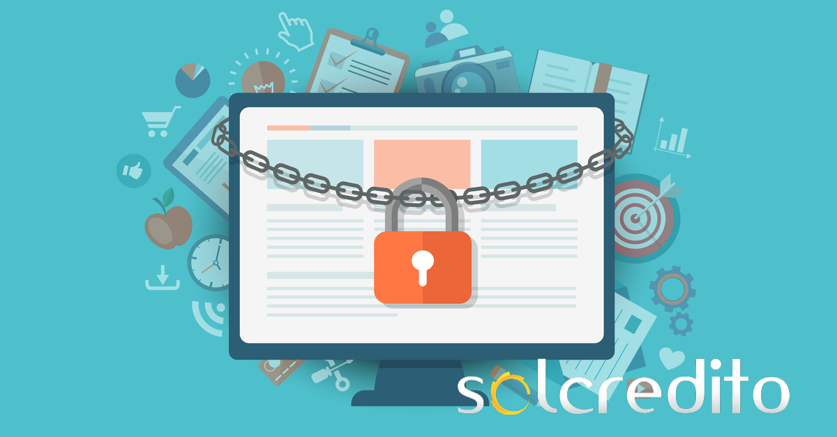 ilustracion de un ordenador rodeado con una cadena y un candado con logo de solcredito