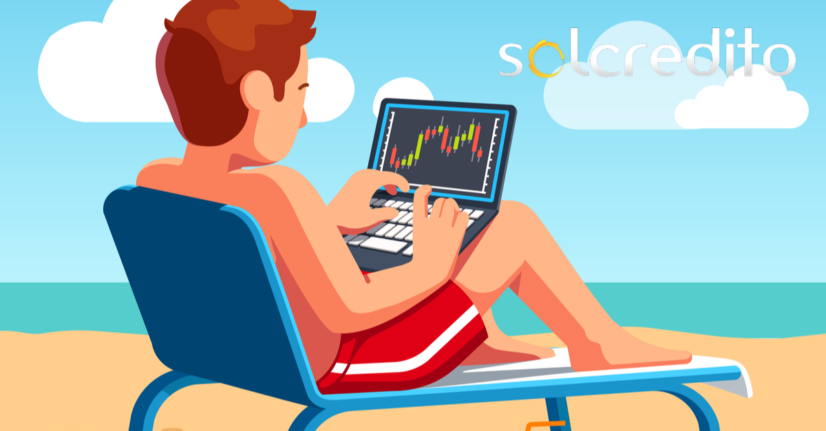 ilustracion de un chico en la playa con un ordenador sentado en una tumbona