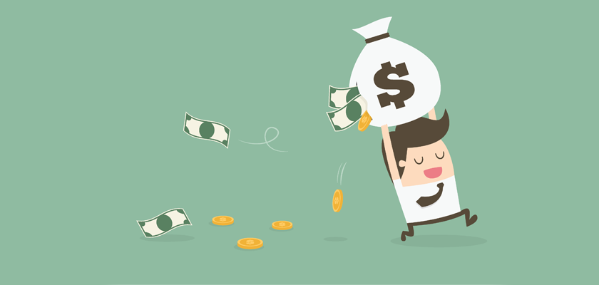 ilustración de un niño corriendo con una bolsa de dinero